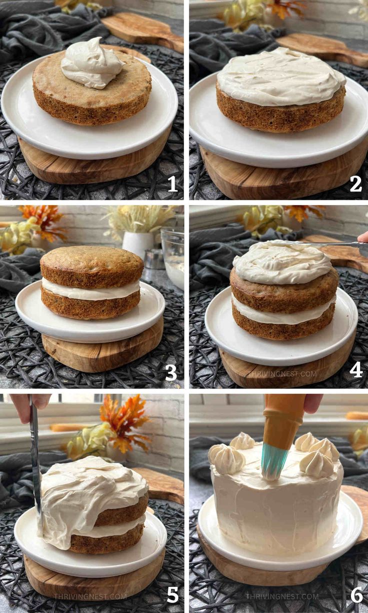 the steps to make a cake with frosting on it are shown in four different pictures