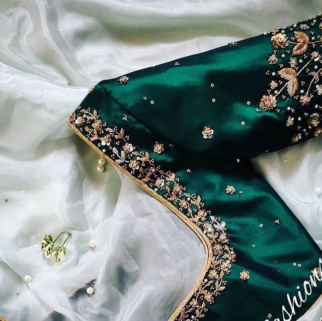 Dark green floral Work blouse Design Inspiration 💖 . Designer - @anu_designs_and_fashions . . . .… Bottle Green Bridal Blouse, Dark Green Bridal Blouse Design, Maggam Work For Green Blouse, Dark Green Maggam Work Blouse Designs, New Trendy Aari Work Blouse Designs, Dark Green Aari Work Blouse Design, Dark Green Pattu Saree Wedding, Green Blouse Designs For Saree Silk, Green Work Blouse Designs