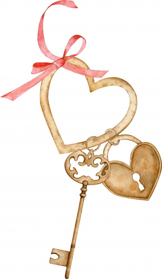 a watercolor painting of two hearts and a key with a pink ribbon tied around it