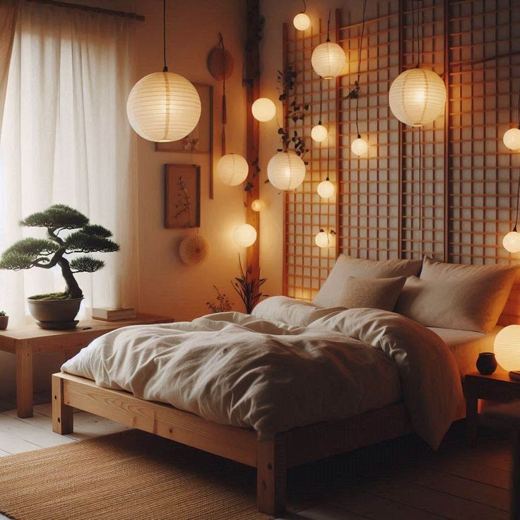 a bed sitting in a bedroom next to a window with lots of lights on it