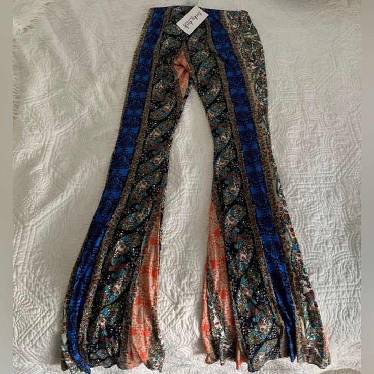 Size Small Trendy Blue Pants For Festival, Trendy Blue Festival Pants, Multicolor Festival Pants For Fall, Orange Stretch Bottoms For Festival, Bohemian Orange Bottoms For Fall, Bohemian Multicolor Bottoms For Fall, Bohemian Blue Pants For Fall, Stretch Blue Bottoms For Festival, Blue Fitted Bohemian Bottoms