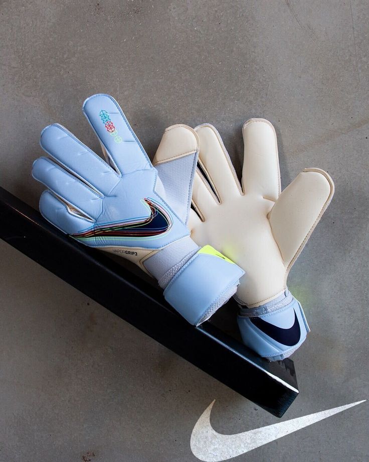 a pair of blue and white gloves sitting on top of a black pole next to a baseball bat