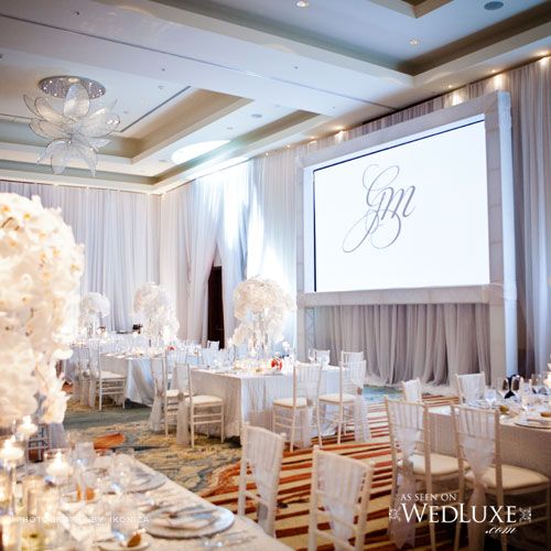 a banquet room set up with tables and chairs