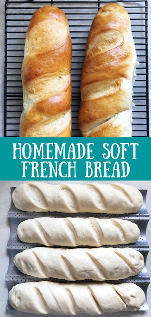 homemade soft french bread is cooling on a rack with the words, homemade soft french bread