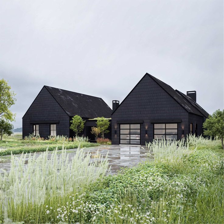 two black houses sitting next to each other on top of a lush green field with tall grass