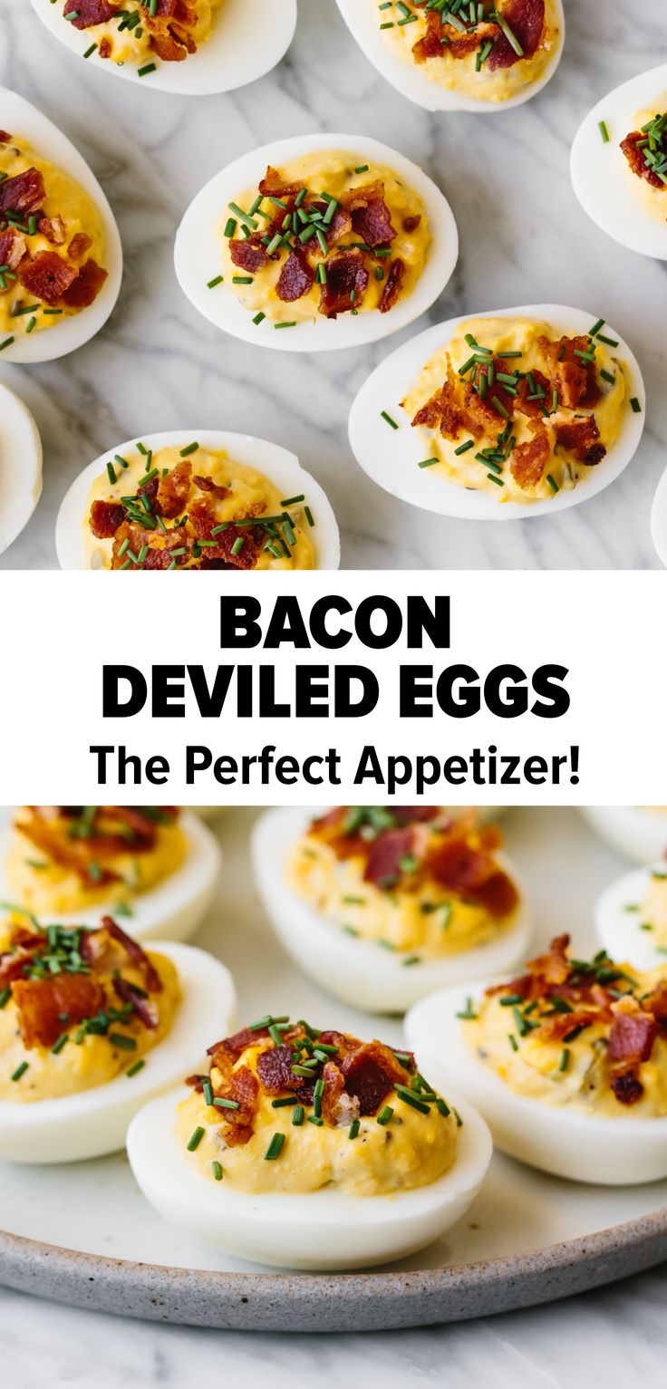 deviled eggs with bacon and chives in them on a platter for appetizers