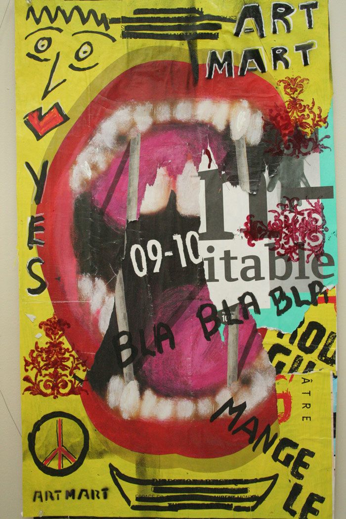 a collage with words and pictures on it, including an open mouth in the center