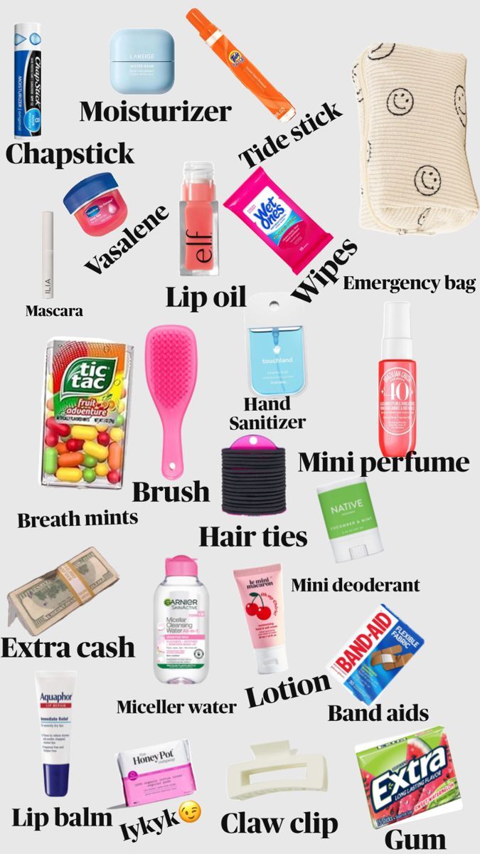 the contents of a travel bag are shown in this graphic style, including toothpaste, mouthwashes, lip balm, and more