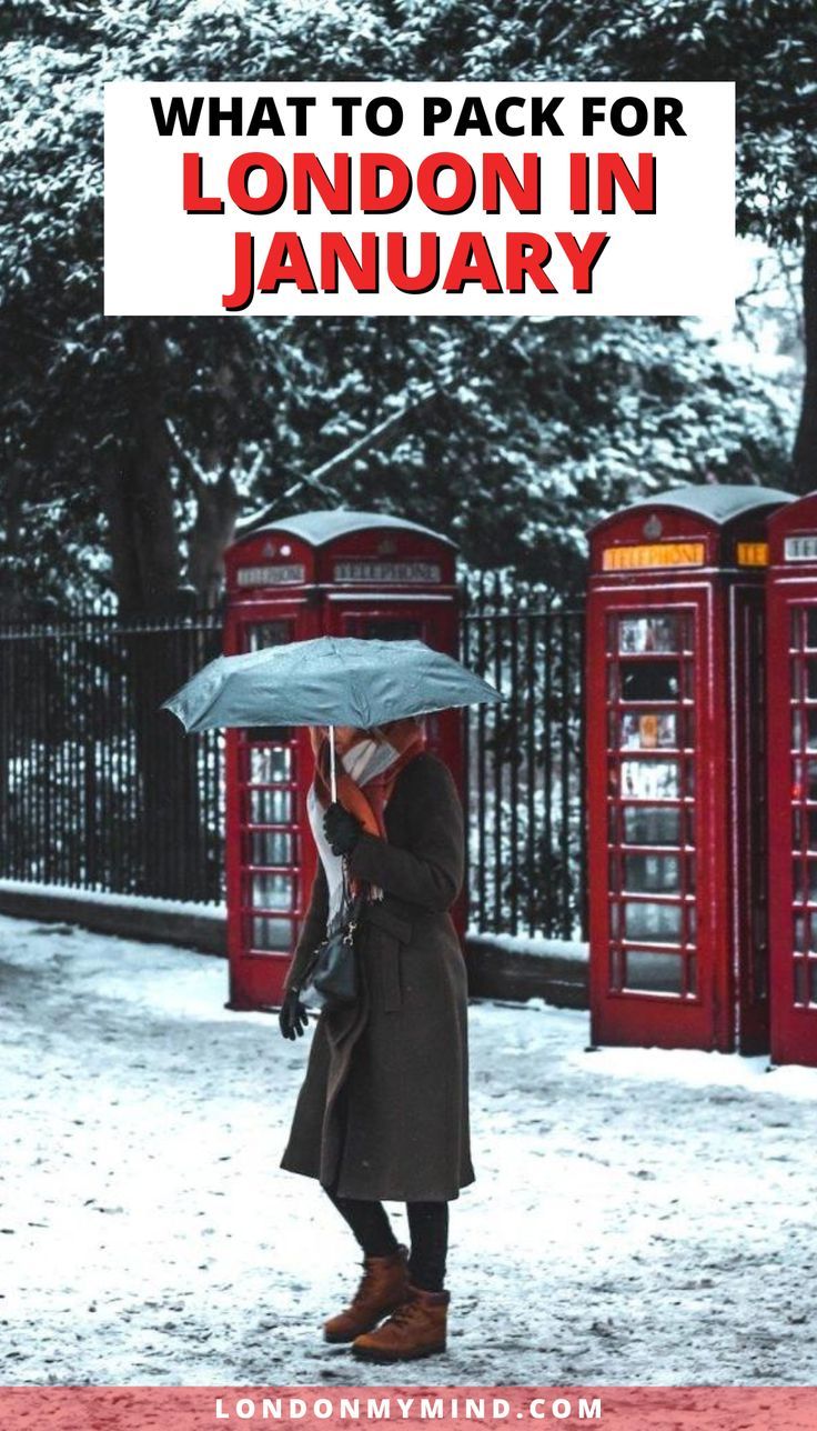 a woman walking in the snow with an umbrella over her head and text that reads, what to pack for london in january