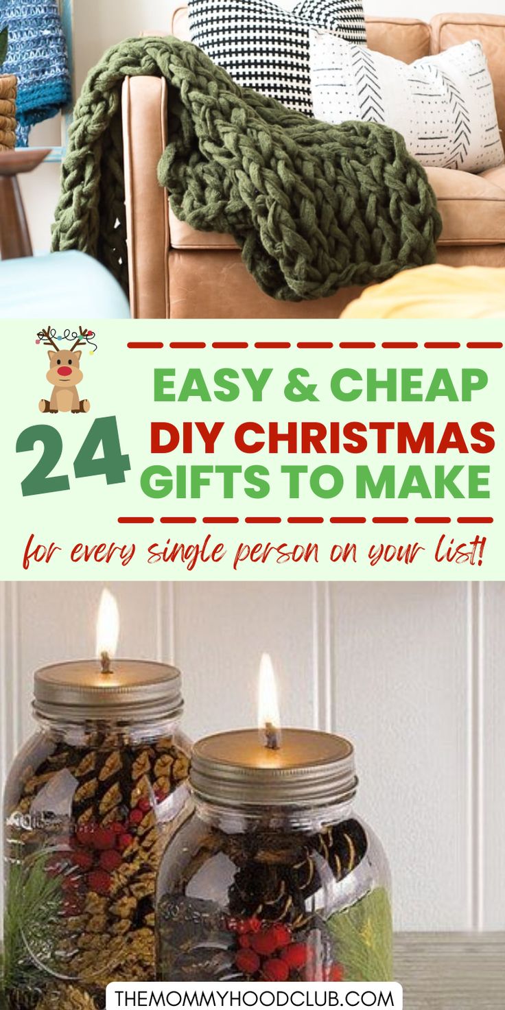 two mason jars filled with christmas decorations and the words easy & cheap diy christmas gifts to make for every single person on your list