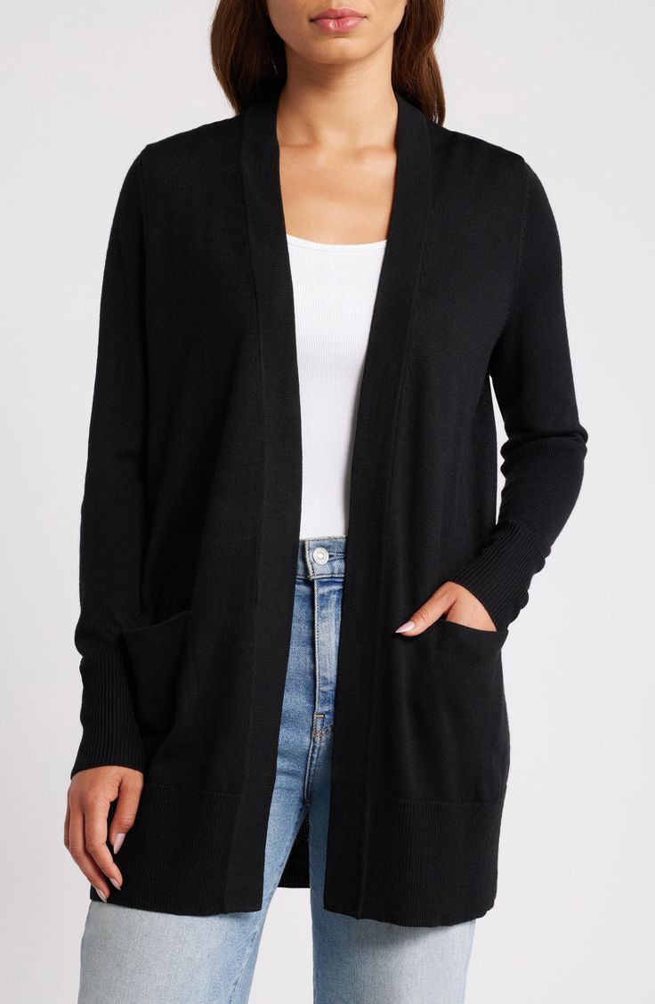 Caslon® Everyday Open Front Cardigan | Nordstrom Fine Knit Outerwear For Fall Daywear, Versatile Fine Knit Outerwear For Fall, Versatile Fine Knit Fall Outerwear, Open Front Sweater With Pockets For Work, Versatile Fine Knit Cardigan For Fall, Versatile Fine Knit Fall Cardigan, Relaxed Fit Fine Knit Cardigan For Work, Relaxed Fit Fine Knit Work Cardigan, Relaxed Fit Fine Knit Outerwear For Layering