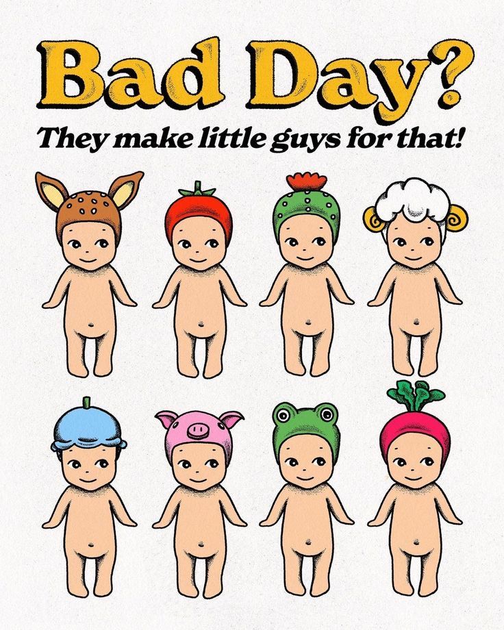 an ad for bad day with many small dolls in different hats and colors on them