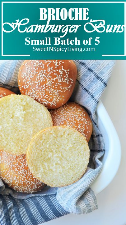 small batch of brioche hamburger buns in a white bowl with text overlay