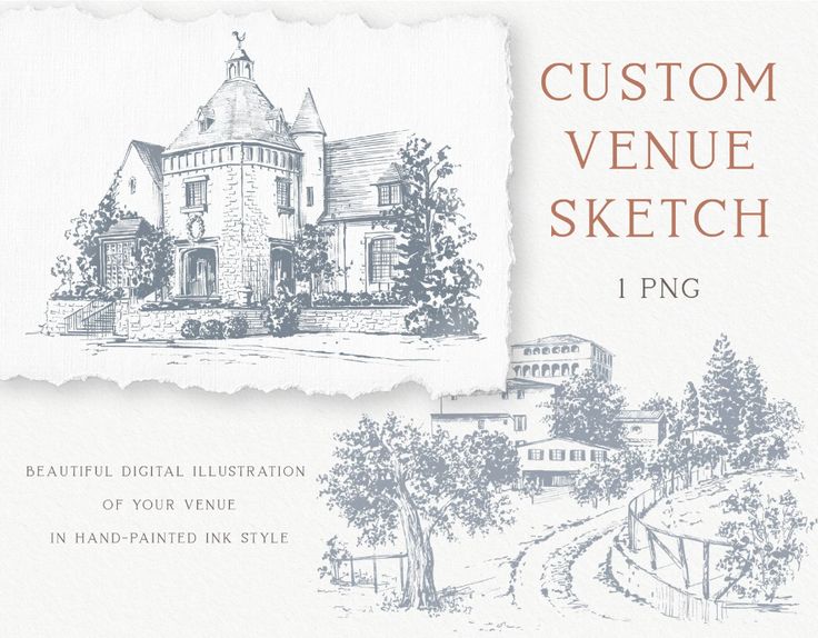 a drawing of a house with trees and bushes in front of it, next to a piece of paper that says custom venue sketch 1 png