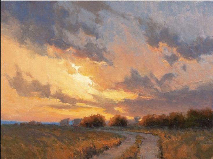 an oil painting of a sunset over a field with a path leading to the horizon