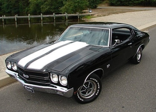 a black and white muscle car parked on the side of the road next to a body of water