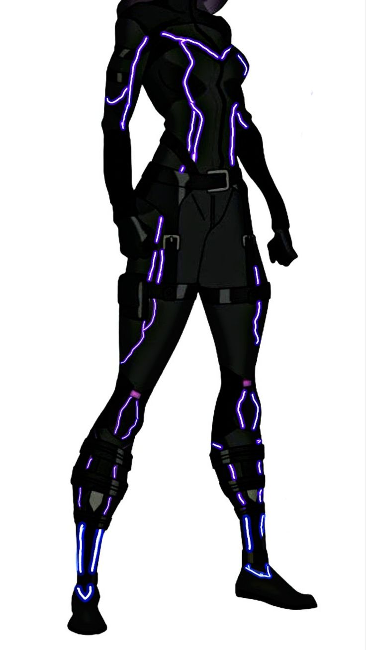 a drawing of a woman in black with purple lightnings on her chest and arms