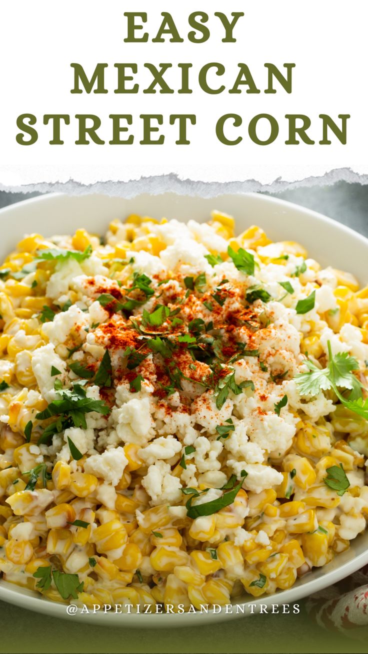 mexican street corn in a white bowl with cilantro