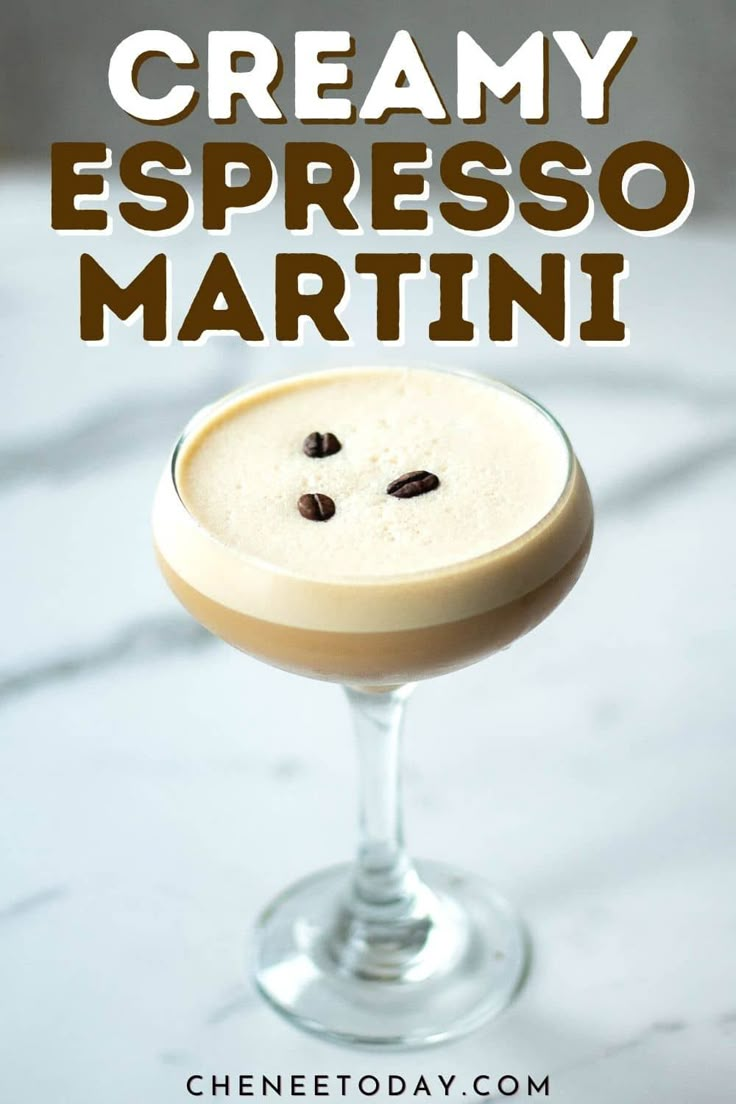 an espresso martini in a glass with coffee beans on the rim and text overlay