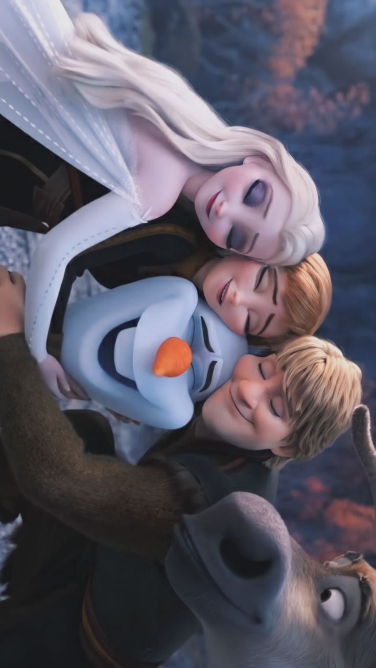 the frozen queen and her two children are hugging in front of an iceman's face