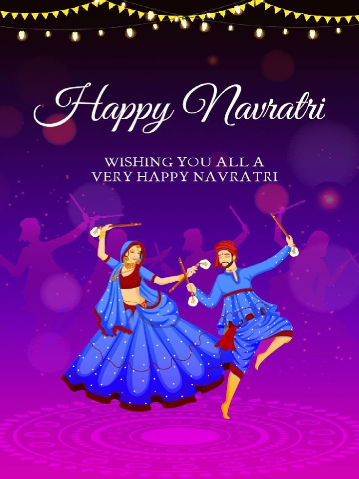 happy navratii greeting card with two women dancing in blue dresses on purple background