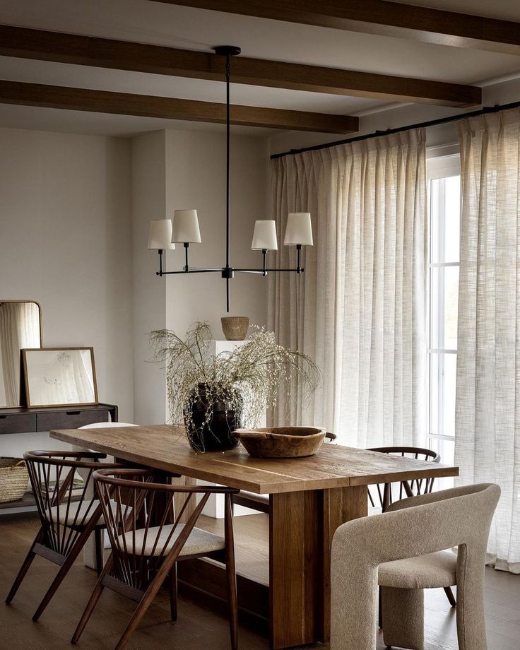 a dining room table and chairs in front of a window