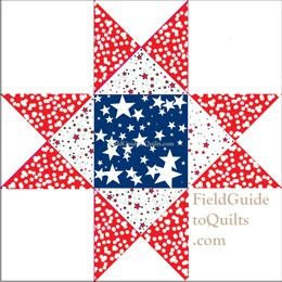 a red, white and blue quilt with stars in the center is featured on this page