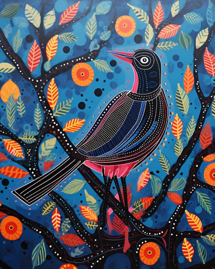 a painting of a bird sitting on a tree branch with leaves and dots around it