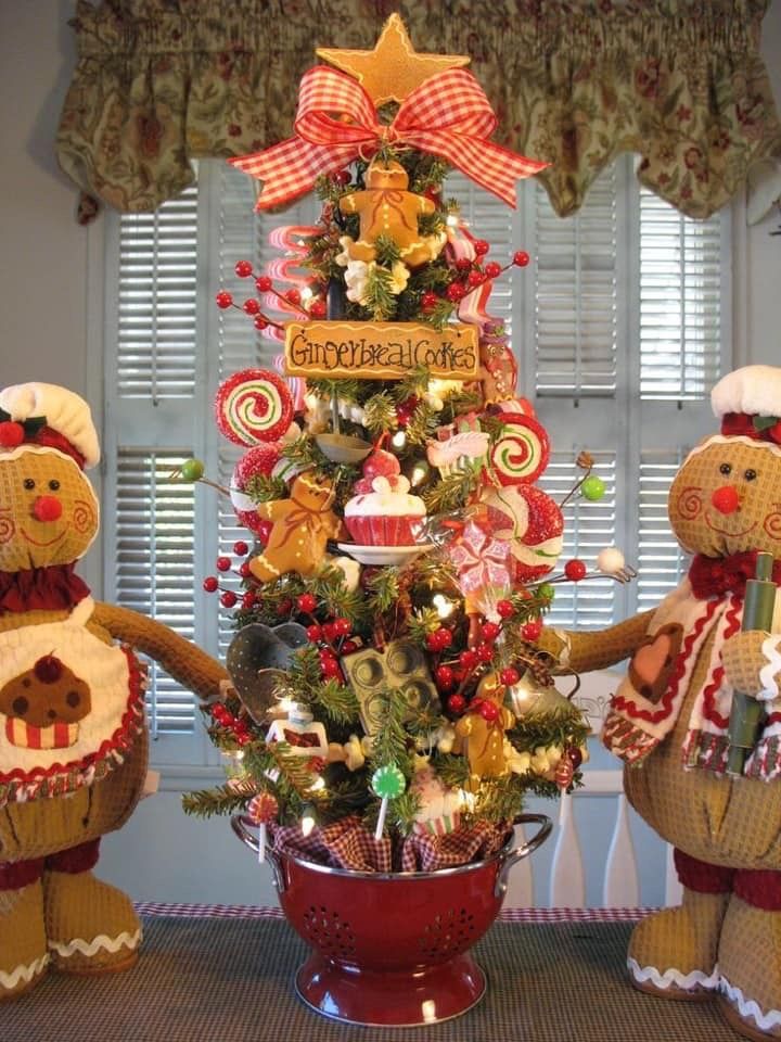 christmas tree decorated with gingerbread bears and candy canes