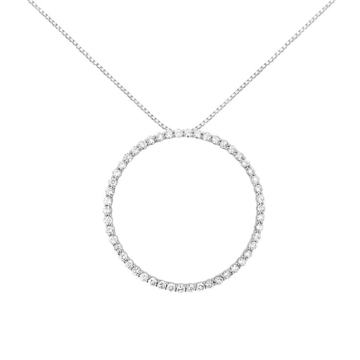 You can't go wrong with this simple and delicate circle pendant necklace. Crafted in cool sterling silver, this pendant features 4ct TDW of diamonds. 50 glistening round cut diamonds line this open circle pendant that dangles from a rope chain and secures with a spring ring clasp. Luxury Brilliant Cut Open Circle Jewelry, Luxury Silver Circle Necklace, Luxury Open Circle Diamond Necklace Fine Jewelry, Luxury Silver Open Circle Jewelry, Luxury Silver Circular Necklace, Luxury Elegant Open Circle Diamond Necklace, Luxury Open Circle Diamond Necklace, Hoop Necklace, Circle Pendant Necklace