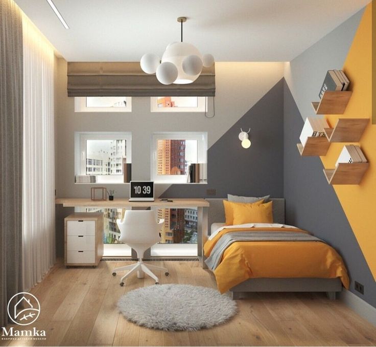 a bedroom with yellow and gray decor in it