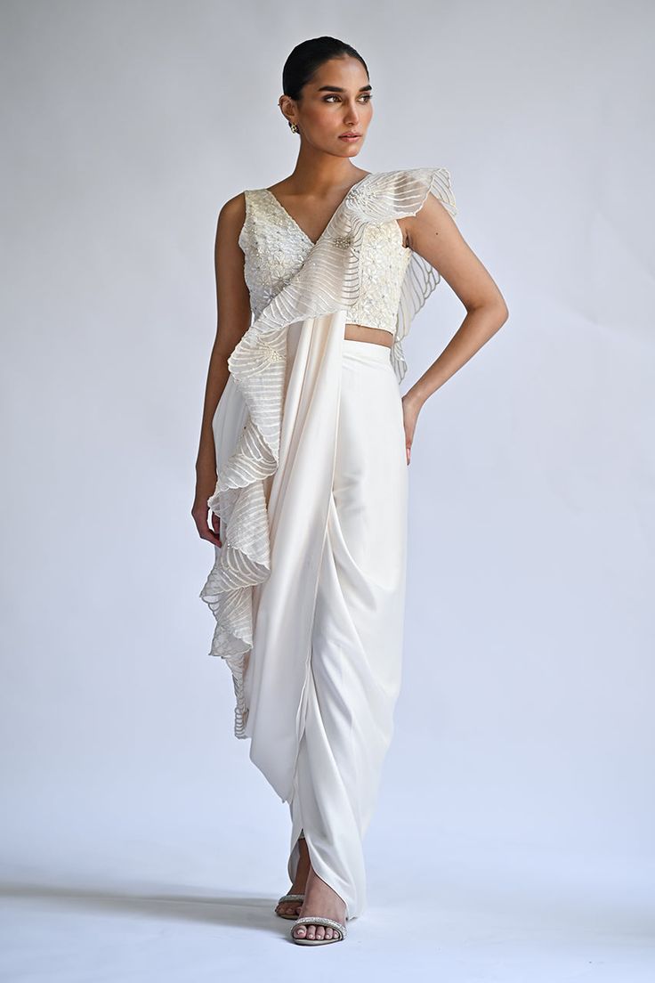 Giselle – Sania Maskatiya International Pre-draped Blouse With Draped Sleeves For Party, Party Blouse With Pre-draped Sleeves, Silk Pre-draped Saree With Ruffles For Party, Silk Pre-draped Party Saree With Ruffles, Silk Party Saree With Ruffles, Silk Party Pre-draped Saree With Ruffles, Pre-draped Silk Sets, Festive Draped Silk Dresses, Elegant Draped Ruffle Blouse