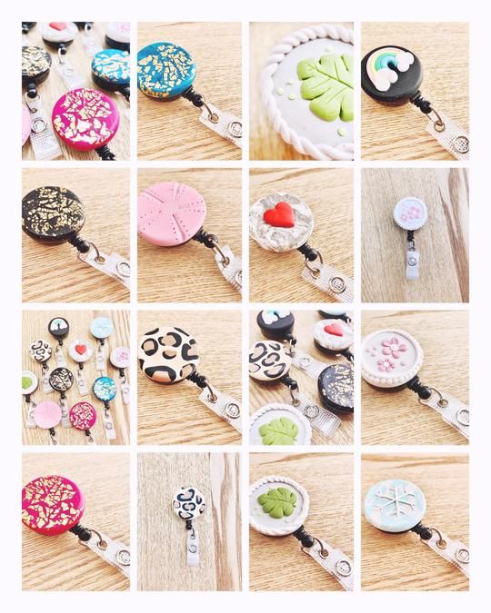 many different types of keychains on a table with buttons and other things in them