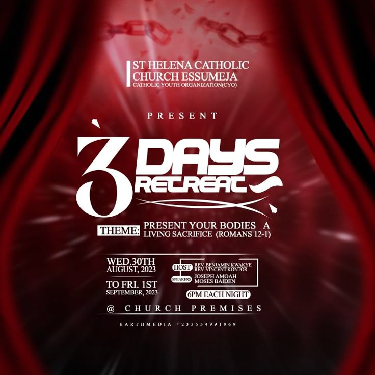 an event poster for the 3 days refresh with red curtains and white lettering on it