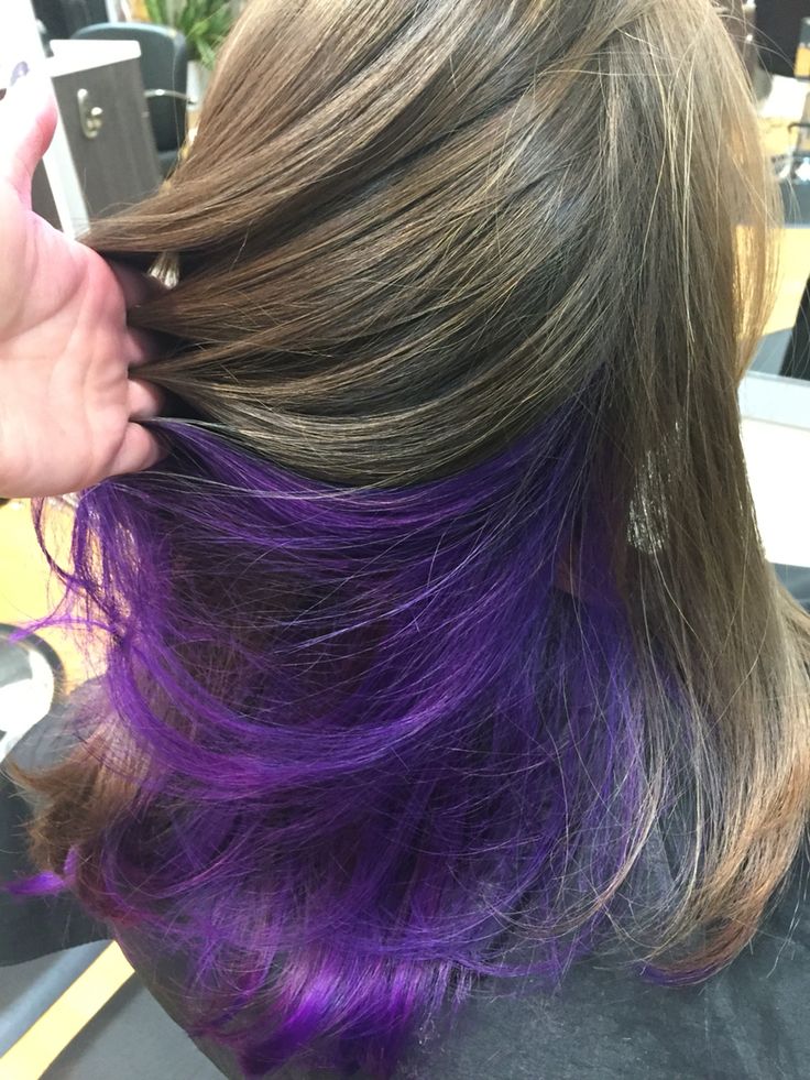 Purple underneath                                                                                                                                                     More Deep Purple Underneath Hair, Black On Top Purple Underneath Hair, Purple Pickaboo Hair, Half Black Half Purple Hair Underneath, Short Brown Hair With Purple Underneath, Color Underneath Hair Brown, Dyed Bangs And Underneath, Purple Under Brown Hair, Brown And Purple Hair Underneath