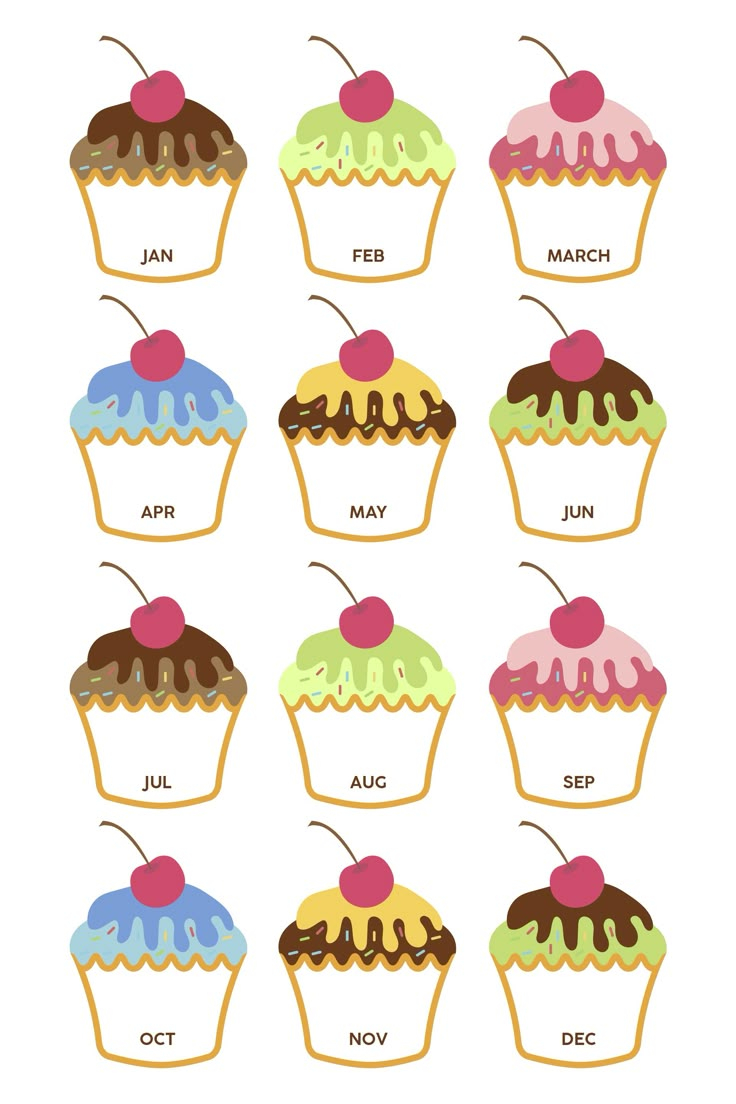 cupcakes with different frosting and toppings on them, all in different colors