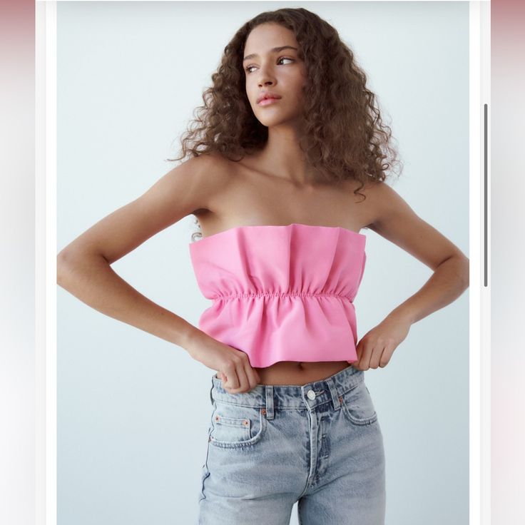 Nwt. I Am A 34b Bra And The Medium Fits Me. Chic Pink Cropped Tube Top, Feminine Cropped Tube Top For Summer, Feminine Strapless Crop Top For Day Out, Pink Ruffled Bandeau Tube Top, Pink Bandeau Tube Top For Date Night, Chic Pink Strapless Tube Top, Feminine Bandeau Tube Top For Day Out, Strapless Crop Top For Date Night In Spring, Spring Bandeau Crop Top With Ruffles