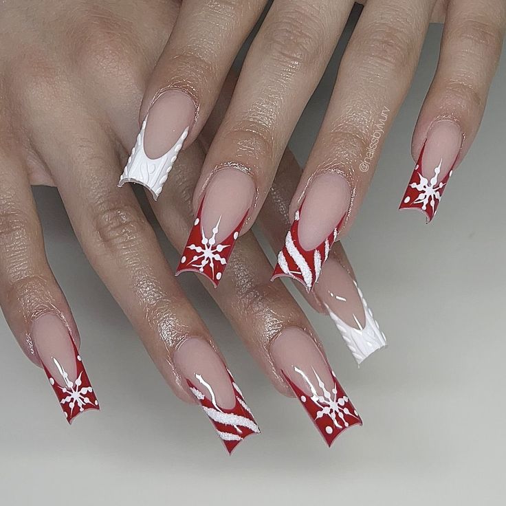 ig: nailssbylvurv Christmas Nails Inspo Red, Red Christmas Nails Peppermint, Christmas Birthday Nails Acrylic, Red Long Christmas Nails, Christmas Picture Nails, French Nail Christmas Designs, Red Acrylic Nails Coffin Christmas, Red French Tip Nails Snowflake, Christmas Nail Designs Coffin Shape