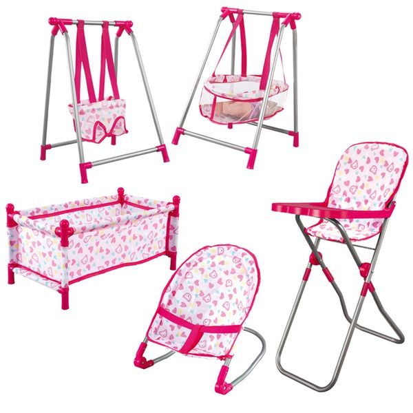 three baby swings with pink and white designs on the sides, one is attached to a swing