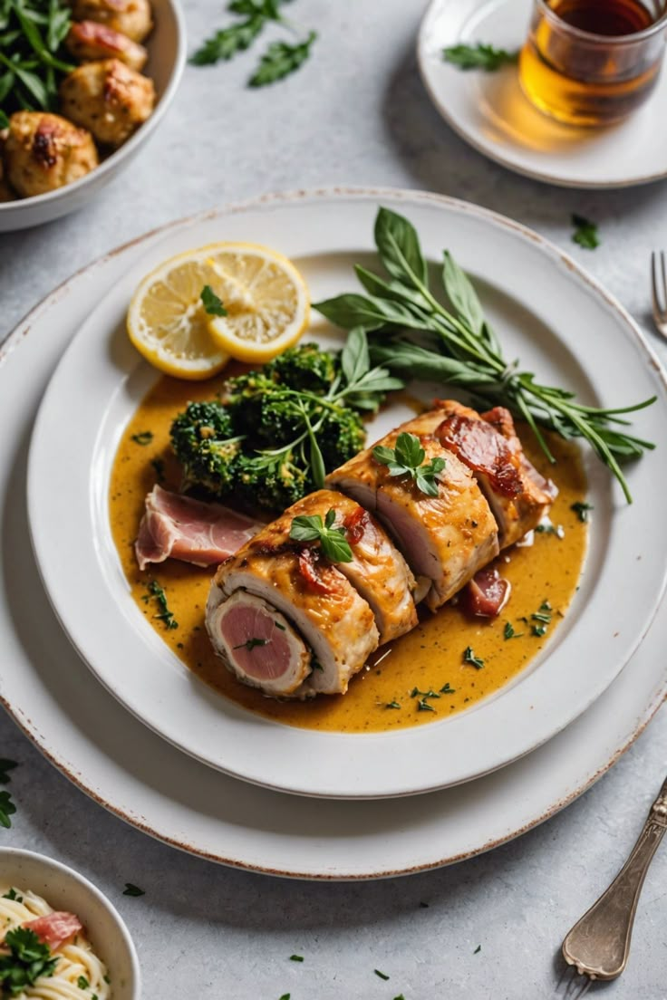 Saltimbocca Di Pollo Alla Romana Roulades Fine Dining Sauces, Fine Dining Dinner Ideas, Chicken Gourmet Recipes, Fine Dining Christmas Dinner, Elegant Dinner Recipes Main Courses, Fine Dining Chicken Recipes, 4 Course Dinner Menu Ideas, Pasta Fine Dining, Fancy Italian Dinner Recipes