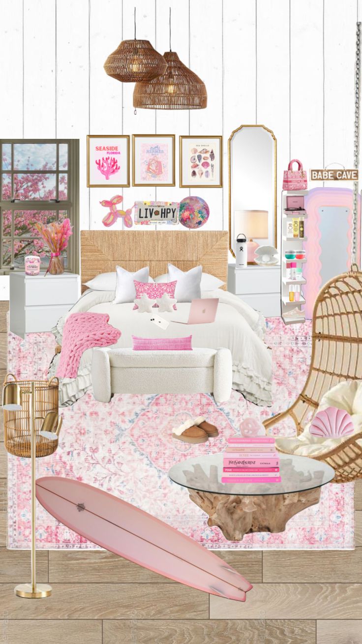 a bedroom with pink and white decor on the walls, bedding, rugs, mirror, lamp, chair, table