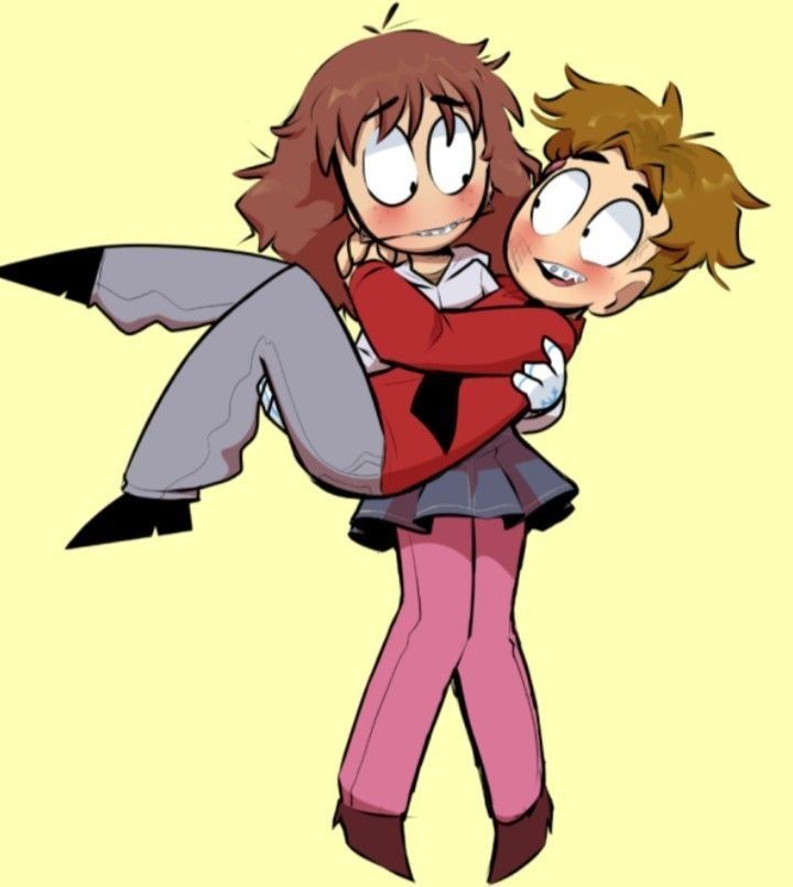 two cartoon characters hugging each other with one holding the other's arm around his neck