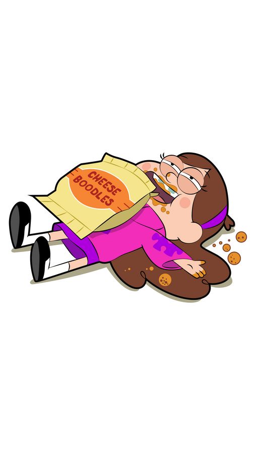 a cartoon character laying on the ground holding a pizza box with chips coming out of it