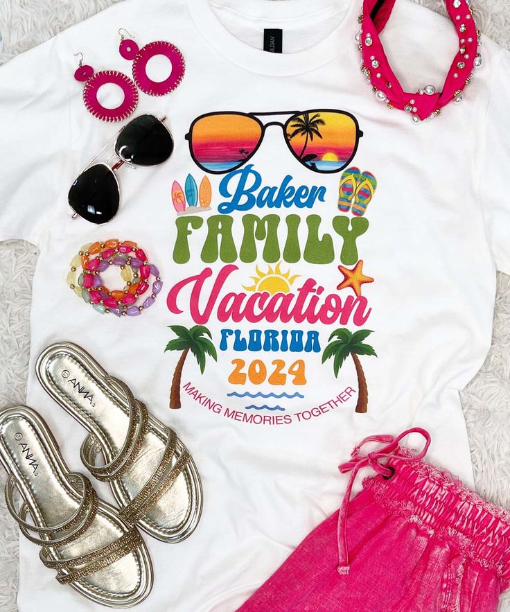 a white shirt with the words baker family vacation florida printed on it next to pink shorts and flip flops