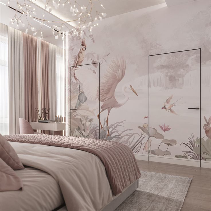 a bedroom decorated in pink and white, with floral wallpapers on the walls