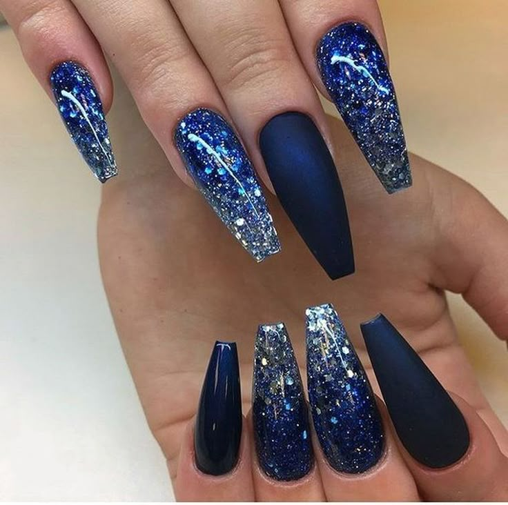 Navy Nail Art, Blue Prom Nails, Blue And Silver Nails, Silver Nail Designs, Blue Coffin Nails, Blue Glitter Nails, Navy Nails, Navy Blue Nails, Unghie Nail Art