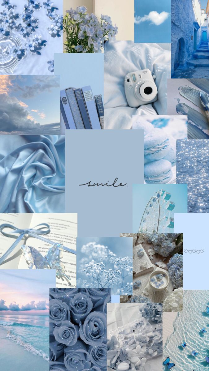 a collage of blue and white images with the word smile written in cursive writing