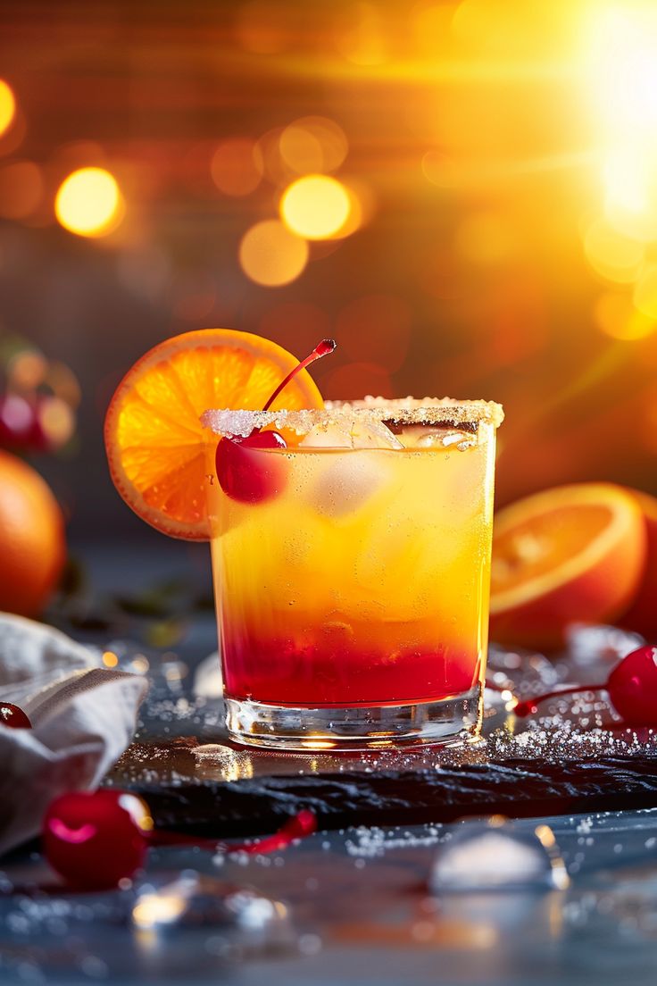 an orange and red drink sitting on top of a table