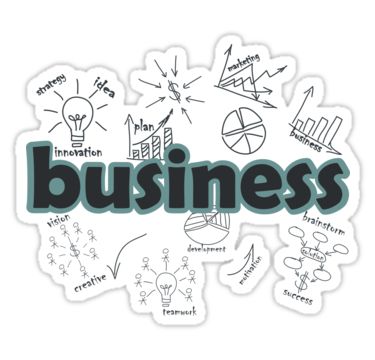 the word business surrounded by hand drawn doodles on a white background with green lettering