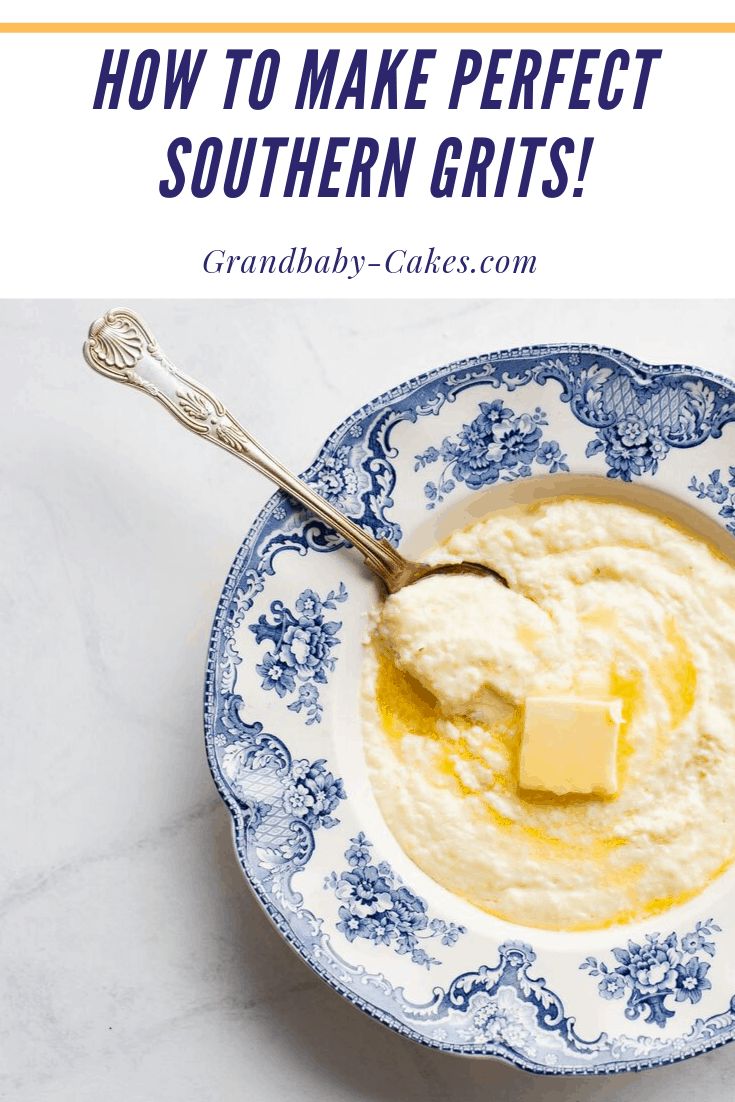 how to make perfect southern grits in a blue and white bowl with butter on top